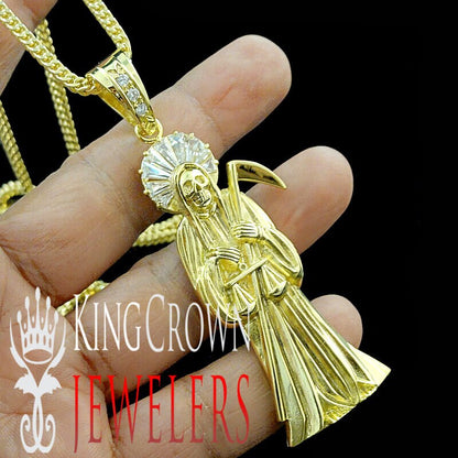 Real Yellow Gold Sterling Silver Santa Muerte Grim Reaper Angel of Death Pendent Charm Chain Set XL Big 3.25''