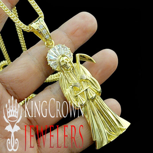 Real Yellow Gold Sterling Silver Santa Muerte Grim Reaper Angel of Death Pendent Charm Chain Set XL Big 3.25''
