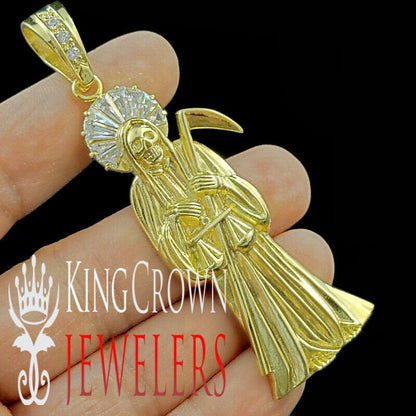 Real Yellow Gold Sterling Silver Santa Muerte Grim Reaper Angel of Death Pendent Charm Chain Set XL Big 3.25''