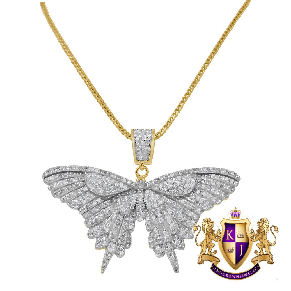 Real Genuine Authentic Diamond 1.50 Cwt. Butterfly Pendent 10K Gold Finish Charm Chain Set