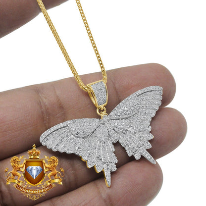 Real Genuine Authentic Diamond 1.50 Cwt. Butterfly Pendent 10K Gold Finish Charm Chain Set