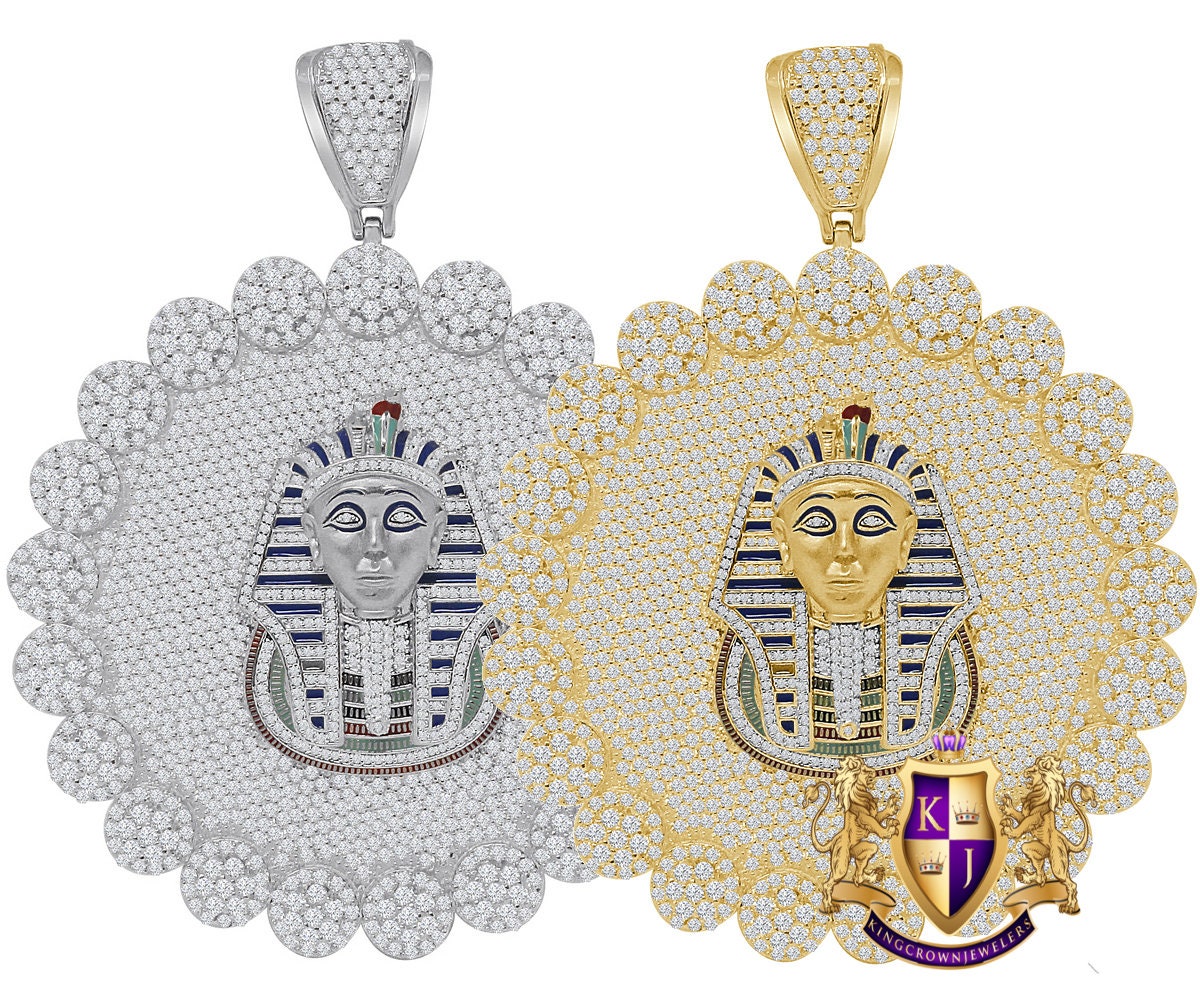 Custom Piece Big Jumbo 3.75'' Real Sterling Silver 14k Gold Over Simulated Diamond Egyptian Pharaoh Pendent Charm Medallion 88+ Grams