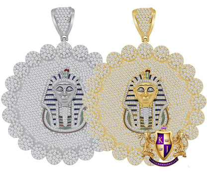 Custom Piece Big Jumbo 3.75'' Real Sterling Silver 14k Gold Over Simulated Diamond Egyptian Pharaoh Pendent Charm Medallion 88+ Grams