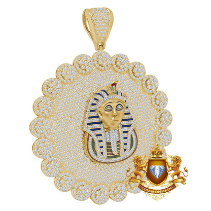 Custom Piece Big Jumbo 3.75'' Real Sterling Silver 14k Gold Over Simulated Diamond Egyptian Pharaoh Pendent Charm Medallion 88+ Grams