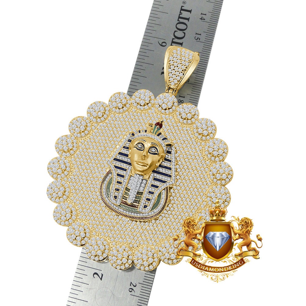 Custom Piece Big Jumbo 3.75'' Real Sterling Silver 14k Gold Over Simulated Diamond Egyptian Pharaoh Pendent Charm Medallion 88+ Grams