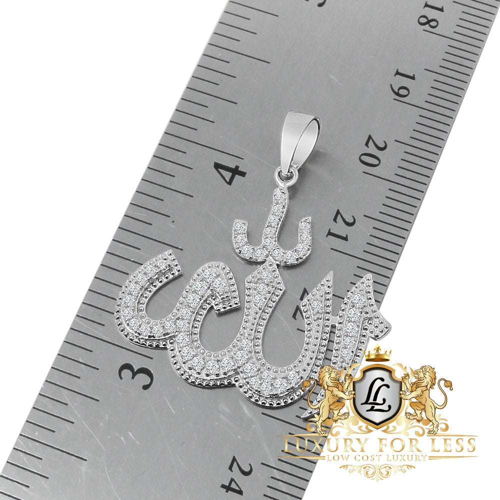 Real Genuine Sterling Silver Allah God Muslim Pendent Simulated Diamond Mini Charm Chain Set