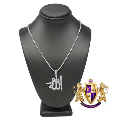Genuine Sterling Silver Allah God Muslim Islamic Pendent Simulated Diamond Mini Charm Chain Set