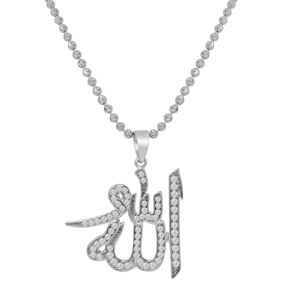 Genuine Sterling Silver Allah God Muslim Islamic Pendent Simulated Diamond Mini Charm Chain Set
