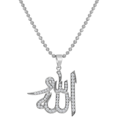 Genuine Sterling Silver Allah God Muslim Islamic Pendent Simulated Diamond Mini Charm Chain Set