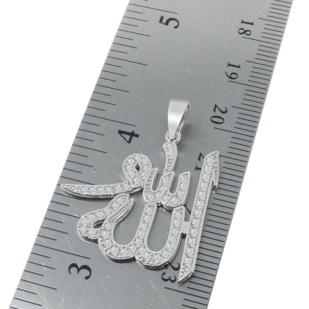 Genuine Sterling Silver Allah God Muslim Islamic Pendent Simulated Diamond Mini Charm Chain Set