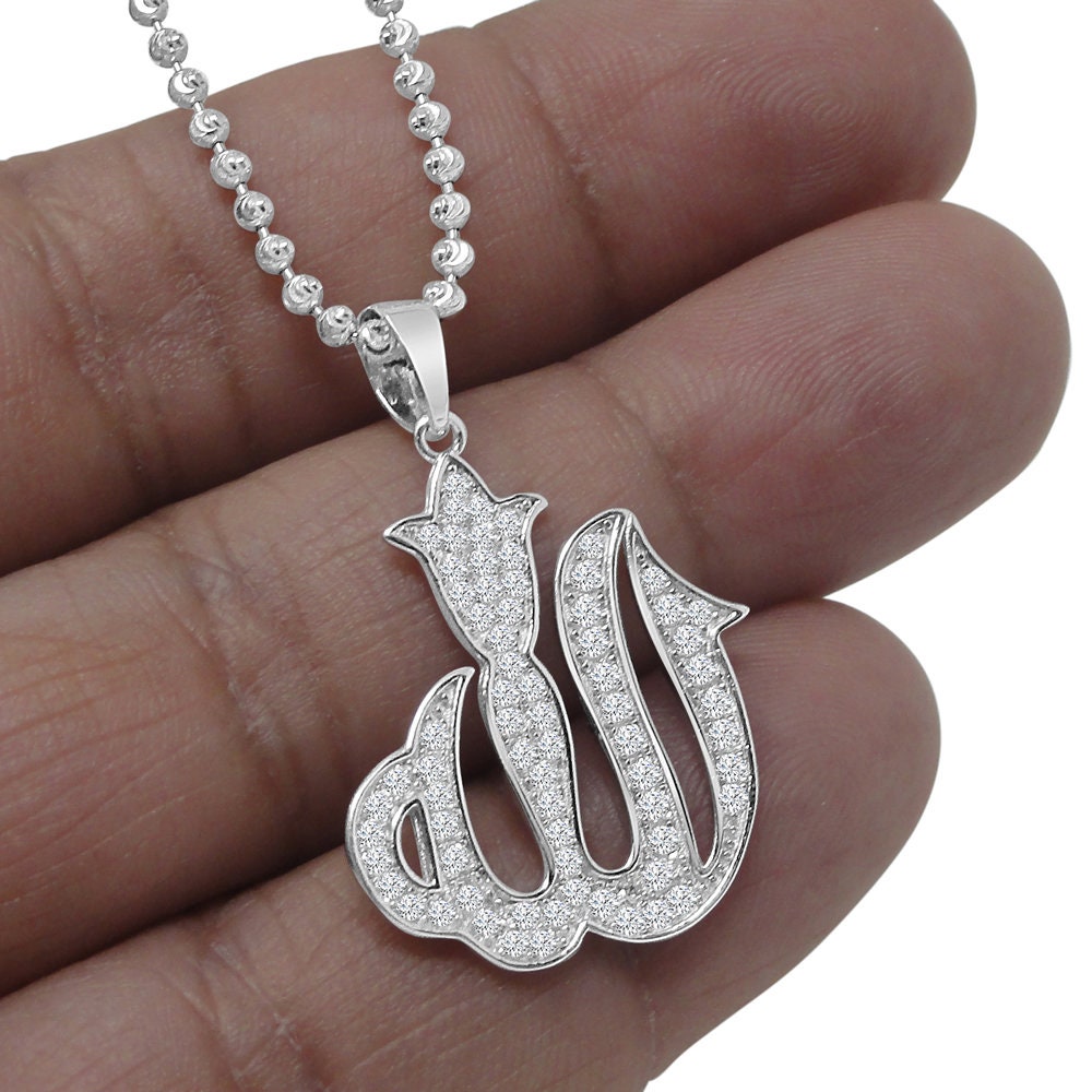 Pure Italian Sterling Silver Allah God Muslim Islamic Pendent Simulated Diamond Mini Charm Chain Set