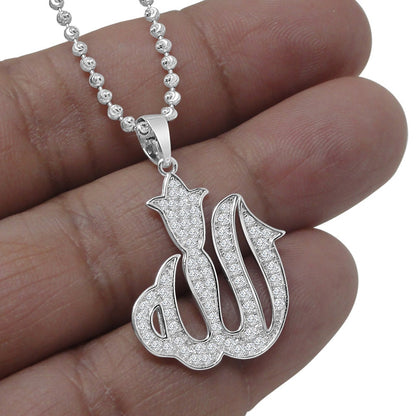 Pure Italian Sterling Silver Allah God Muslim Islamic Pendent Simulated Diamond Mini Charm Chain Set