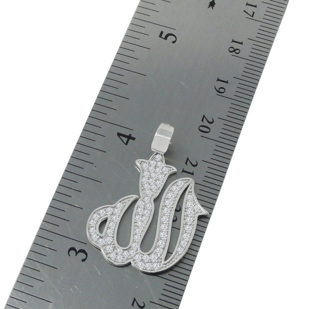 Pure Italian Sterling Silver Allah God Muslim Islamic Pendent Simulated Diamond Mini Charm Chain Set