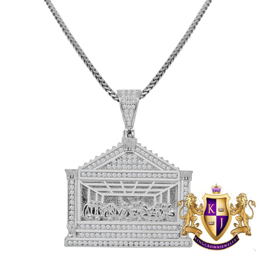 Real Genuine Sterling Silver Last Supper Jesus Pendent Simulated Diamond Religious Charm Chain Set