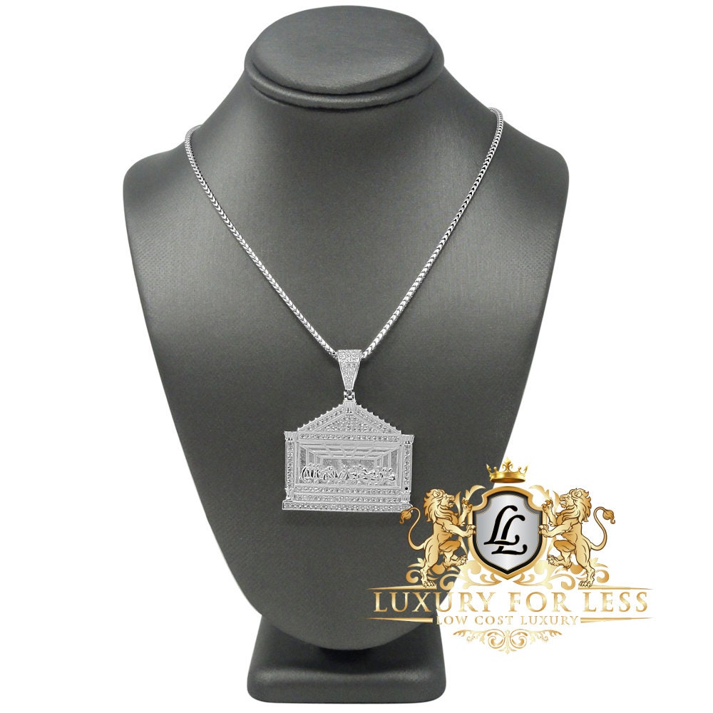 Real Genuine Sterling Silver Last Supper Jesus Pendent Simulated Diamond Religious Charm Chain Set