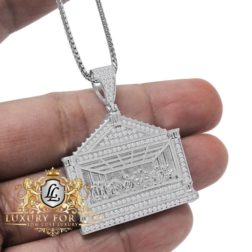 Real Genuine Sterling Silver Last Supper Jesus Pendent Simulated Diamond Religious Charm Chain Set