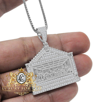 Real Genuine Sterling Silver Last Supper Jesus Pendent Simulated Diamond Religious Charm Chain Set