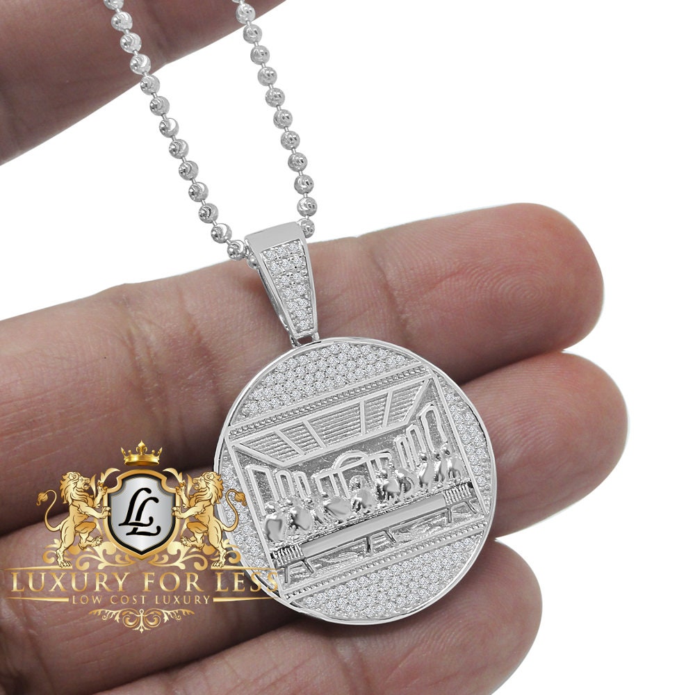 Pure Italian Sterling Silver Last Supper Jesus Pendent Simulated Diamond Religious Round Charm Chain Set