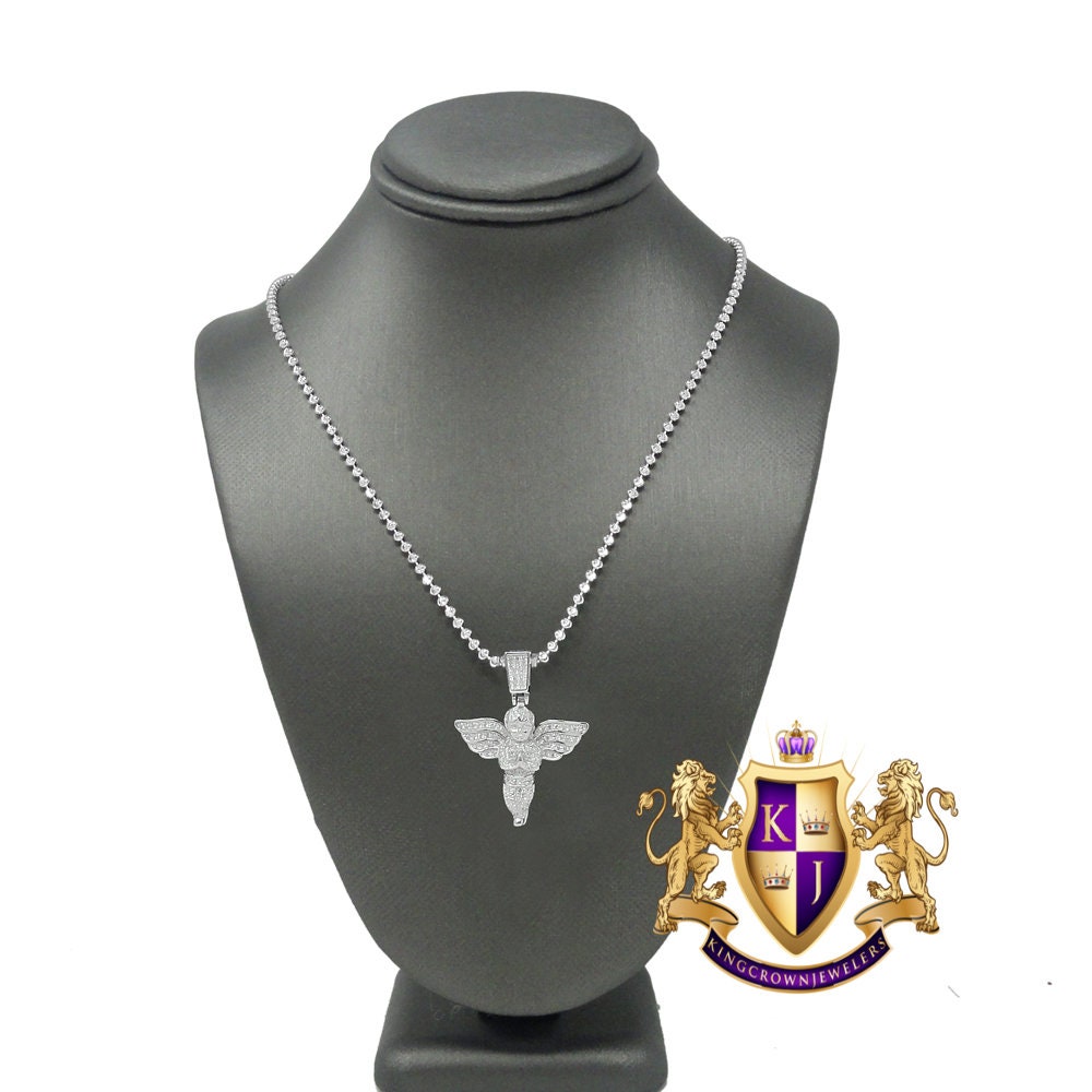 Pure Italian Sterling Silver Mini Angel Pendent Simulated Diamond Religious Round Charm Chain Set