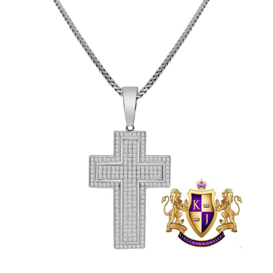 Real Genuine Sterling Silver Jesus Cross Pendent Simulated Diamond Religious Charm Chain Set