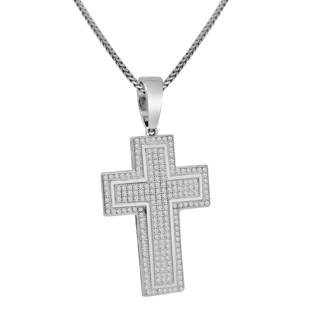 Real Genuine Sterling Silver Jesus Cross Pendent Simulated Diamond Religious Charm Chain Set