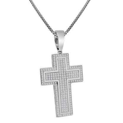Real Genuine Sterling Silver Jesus Cross Pendent Simulated Diamond Religious Charm Chain Set