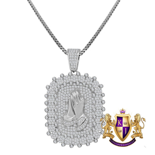 Real Genuine Sterling Silver Praying Hands Frame Pendent Simulated Diamond Religious Charm Chain Set