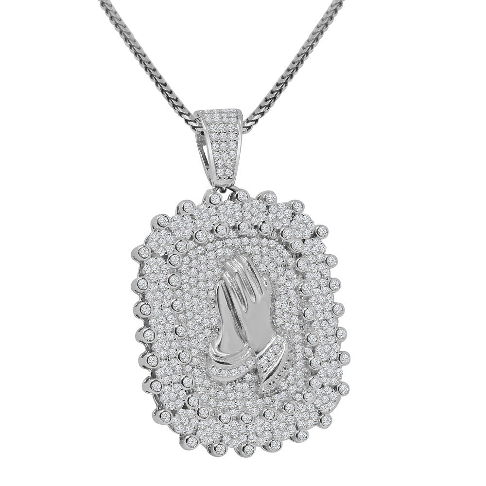 Real Genuine Sterling Silver Praying Hands Frame Pendent Simulated Diamond Religious Charm Chain Set