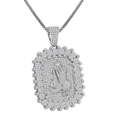 Real Genuine Sterling Silver Praying Hands Frame Pendent Simulated Diamond Religious Charm Chain Set