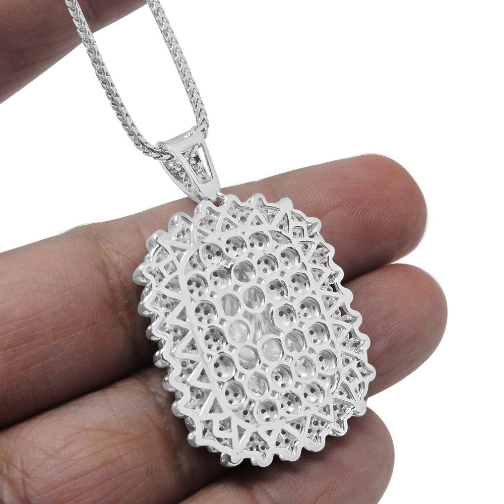 Real Genuine Sterling Silver Praying Hands Frame Pendent Simulated Diamond Religious Charm Chain Set