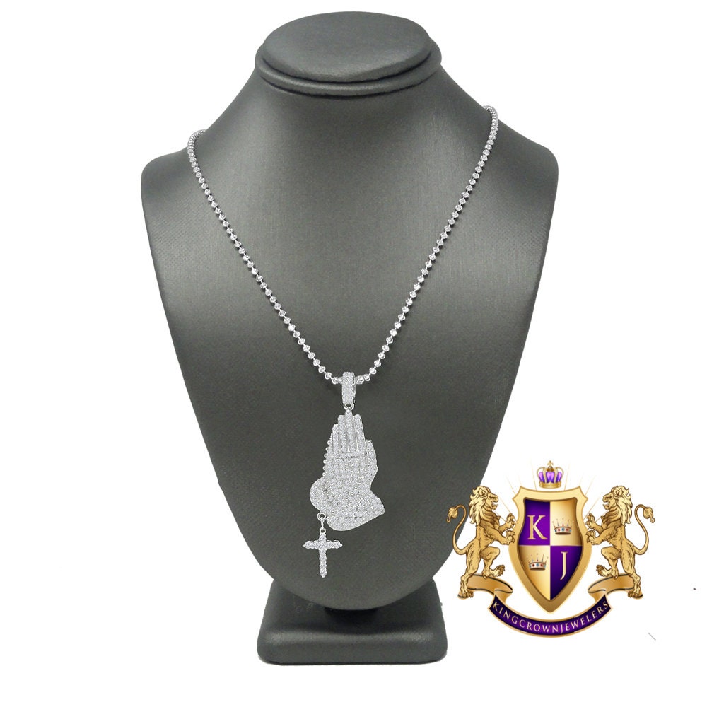 Mens Real Genuine Sterling Silver Praying Hands Cross Pendent Simulated Diamond Mini Charm Chain Set