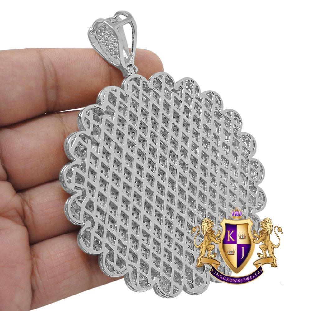 Men's Custom Piece Big XL 3.75'' Flower Medallion 14K White Gold Finish Simulated Diamond Pendent Charm