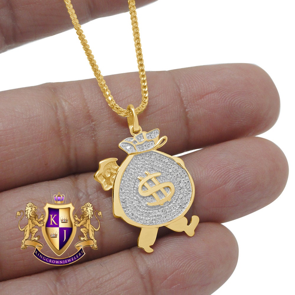10k Real Yellow Gold Genuine Diamond Walking Money Bag Dollar Sign Mini Pendent Charm 1.25''