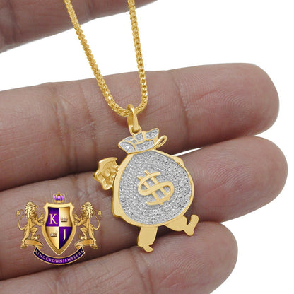 10k Real Yellow Gold Genuine Diamond Walking Money Bag Dollar Sign Mini Pendent Charm 1.25''