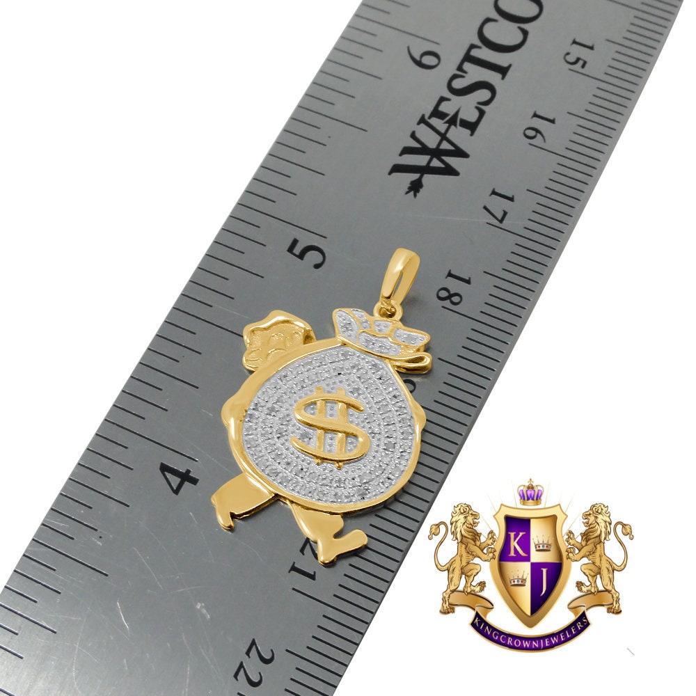 10k Real Yellow Gold Genuine Diamond Walking Money Bag Dollar Sign Mini Pendent Charm 1.25''