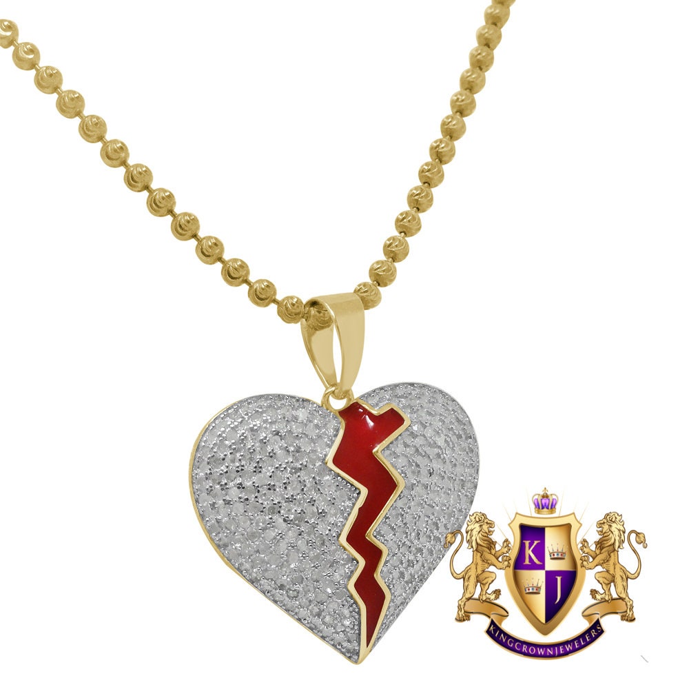 Real Genuine Diamond 0.80 Cwt.10K Gold Finish Shattered Broken Heart Mini Pendant Charm Chain Set