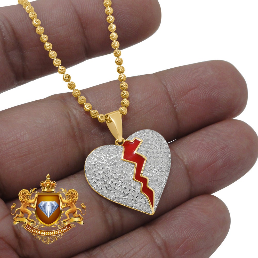 Real Genuine Diamond 0.80 Cwt.10K Gold Finish Shattered Broken Heart Mini Pendant Charm Chain Set