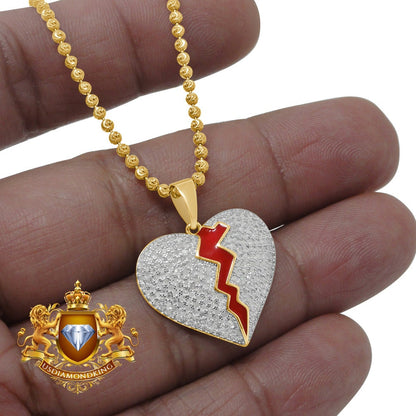 Real Genuine Diamond 0.80 Cwt.10K Gold Finish Shattered Broken Heart Mini Pendant Charm Chain Set