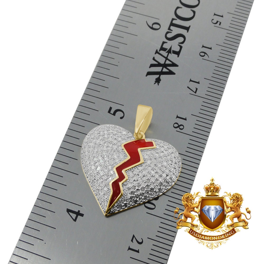 Real Genuine Diamond 0.80 Cwt.10K Gold Finish Shattered Broken Heart Mini Pendant Charm Chain Set
