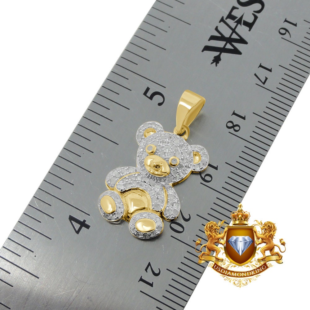 Real Genuine Diamond 0.45 Cwt.10K Gold Finish Teddy Bear Love Mini Pendant Charm + Chain