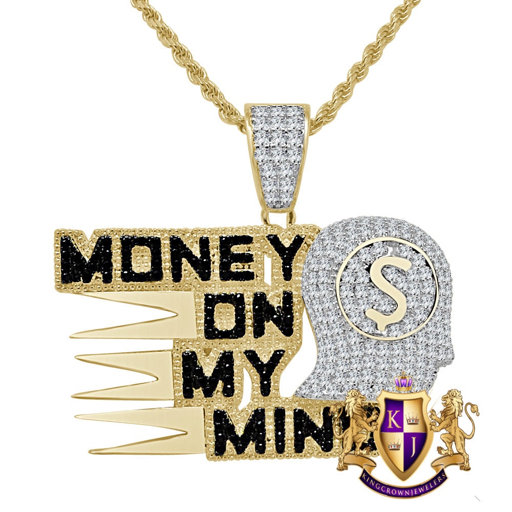 Real Genuine Sterling Silver Simulated Diamonds Money On My Mind Custom Charm Pendent Chain Set