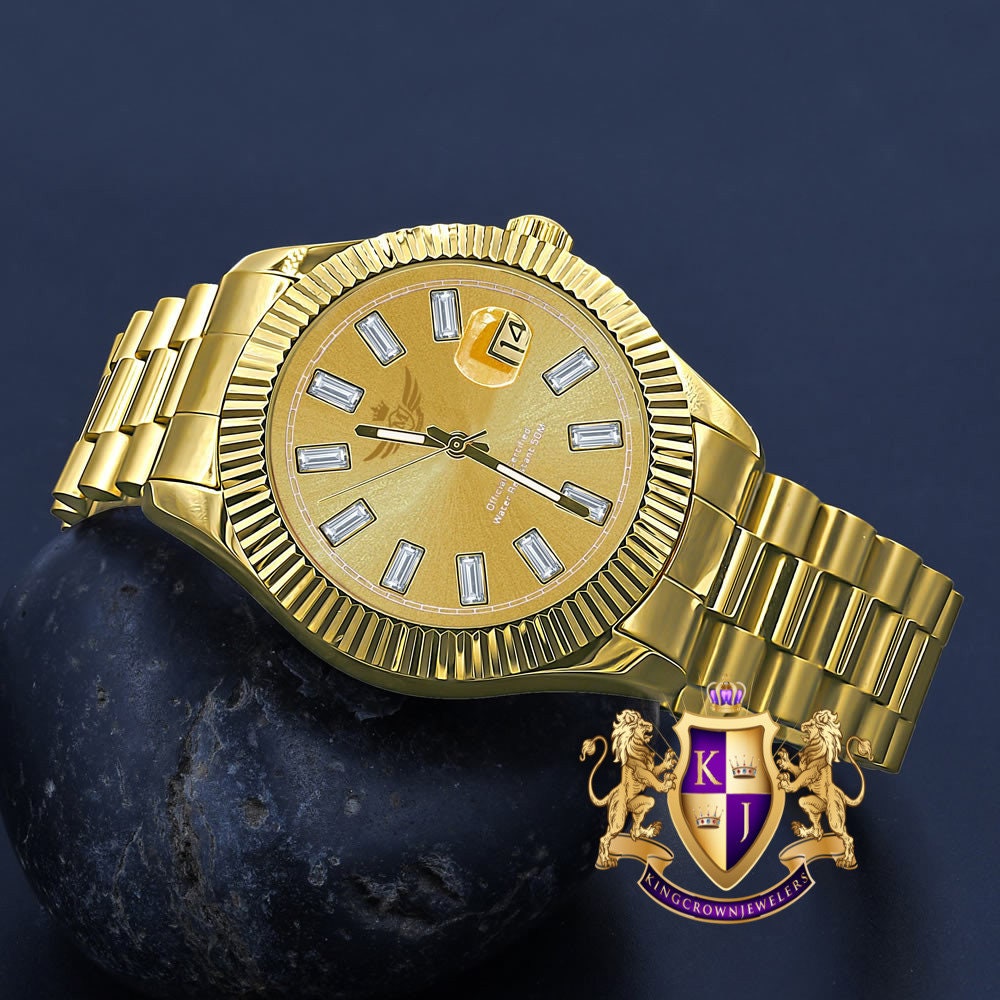 Men's Solid Stainless Steel 18K Gold Finish Simulated Diamond Automatic Watch 44mm W/Date Function