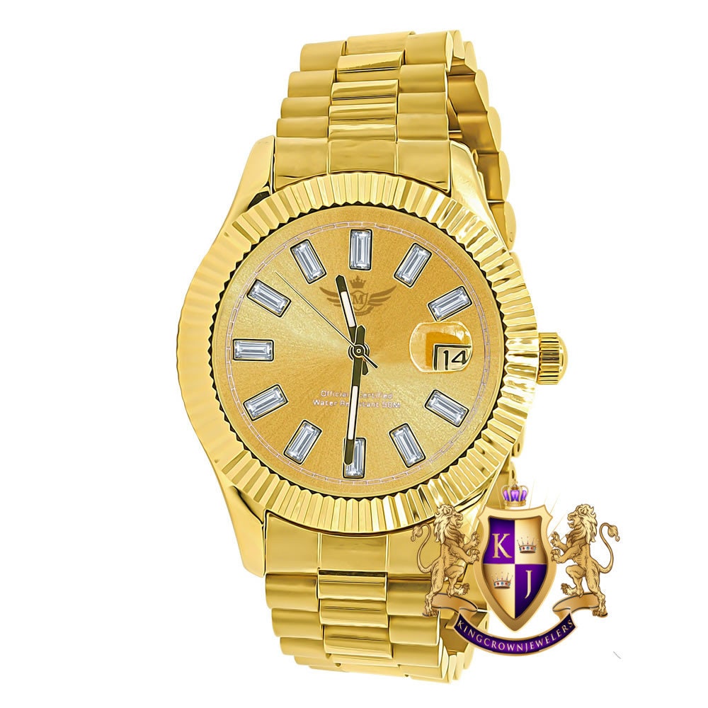 Men's Solid Stainless Steel 18K Gold Finish Simulated Diamond Automatic Watch 44mm W/Date Function