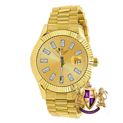 Men's Solid Stainless Steel 18K Gold Finish Simulated Diamond Automatic Watch 44mm W/Date Function