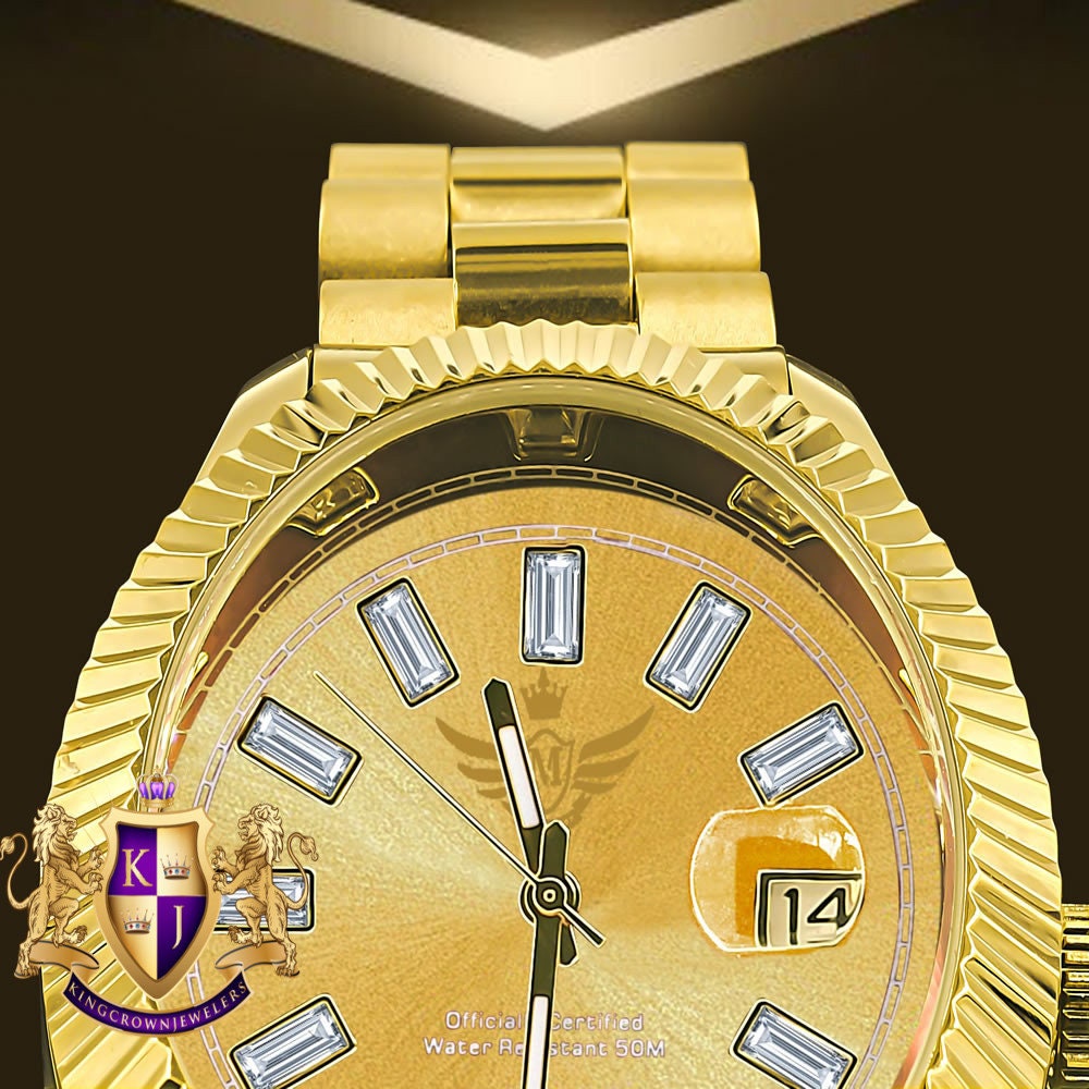 Men's Solid Stainless Steel 18K Gold Finish Simulated Diamond Automatic Watch 44mm W/Date Function