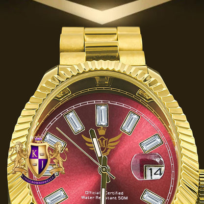 Red Dial Men's Solid Stainless Steel 18K Gold Finish Simulated Diamond Automatic Watch 44mm W/Date Function