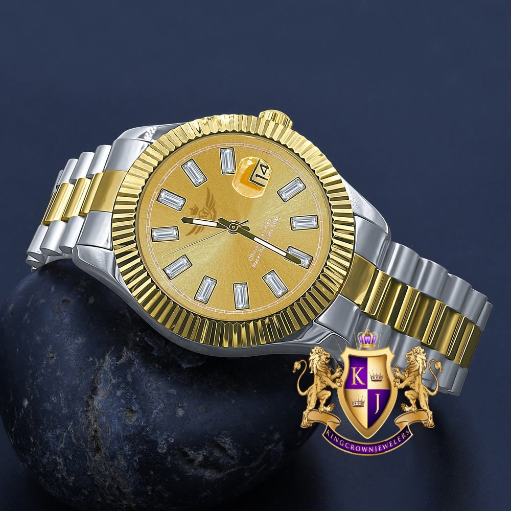 Men's Solid Stainless Steel 18K 2 Tone Gold Finish Simulated Diamond Automatic Watch 44mm W/Date Function