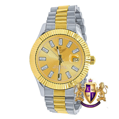 Men's Solid Stainless Steel 18K 2 Tone Gold Finish Simulated Diamond Automatic Watch 44mm W/Date Function