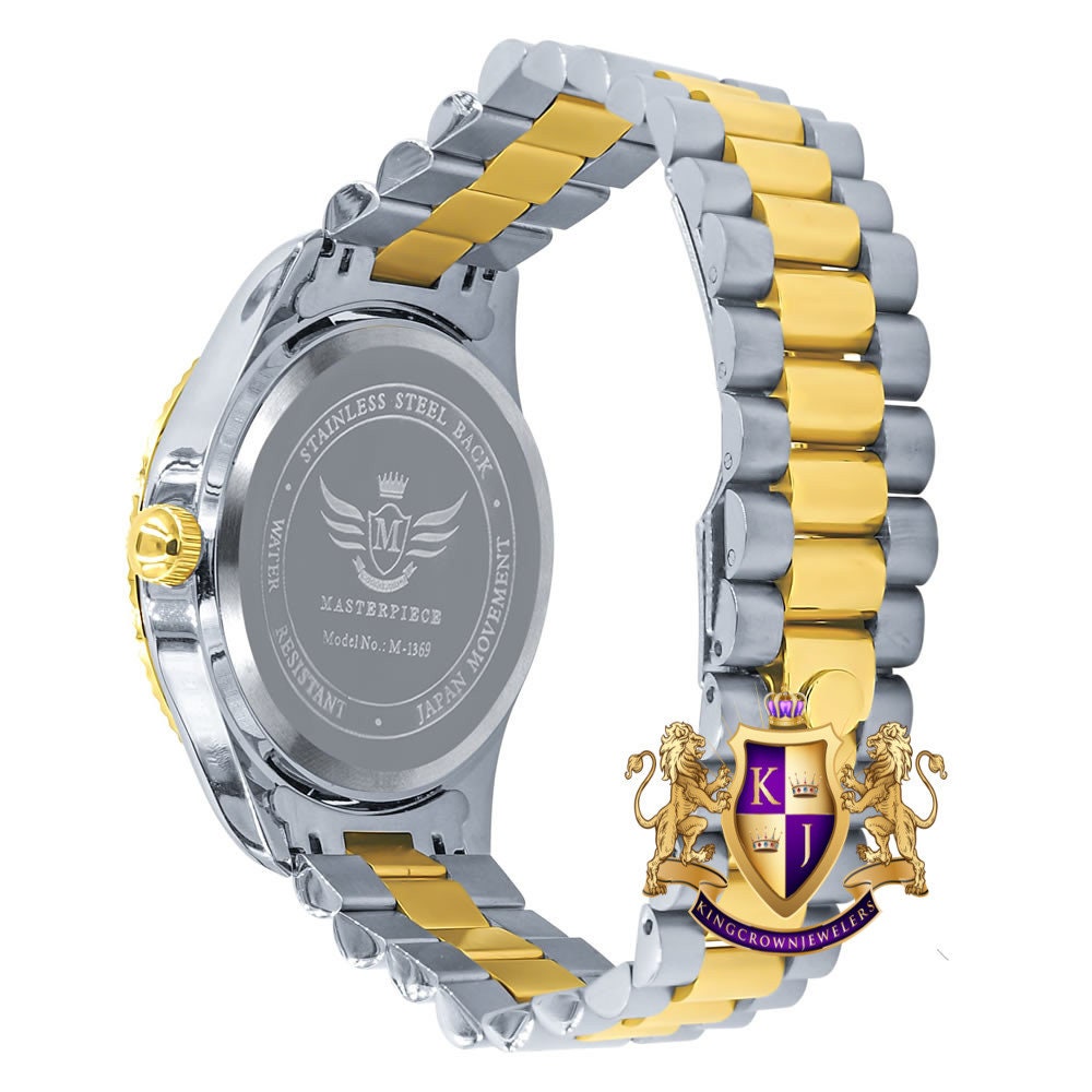 Men's Solid Stainless Steel 18K 2 Tone Gold Finish Simulated Diamond Automatic Watch 44mm W/Date Function