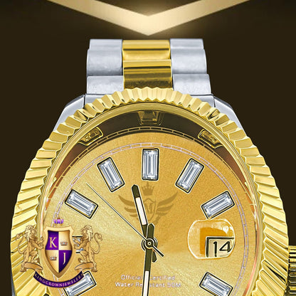Men's Solid Stainless Steel 18K 2 Tone Gold Finish Simulated Diamond Automatic Watch 44mm W/Date Function